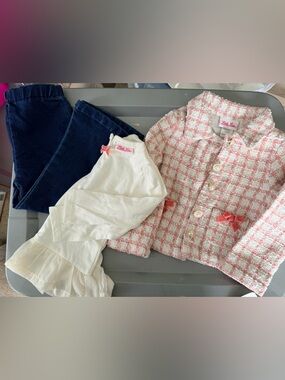 Little Lass Pink & White Tweed Jacket with Cream Knit Top & Bell Bottom Jeans